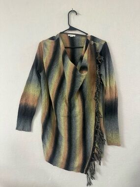 Women's Striped Cardigan Tight-Knit Fringe Green Black Orange Size Medium